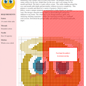 Cross stitch pattern of a smiling face with a halo, featuring yellow, orange, and blue colors.