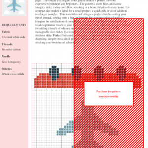 Cross stitch pattern of an airplane flying above clouds on a calendar design.
