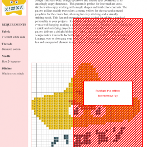Cross-stitch pattern of an angry yellow star with its mouth covered by a censor bar.