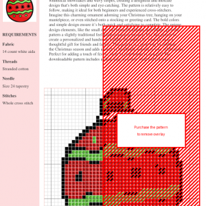 Cross stitch pattern of a red and green Christmas ornament featuring snowflakes and wavy lines.