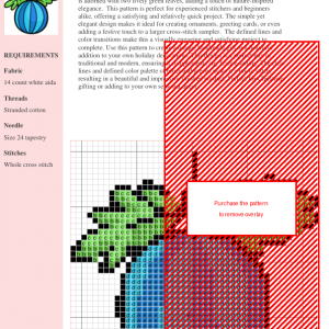 Cross stitch pattern of a blue and teal striped Christmas ball with green leaves.