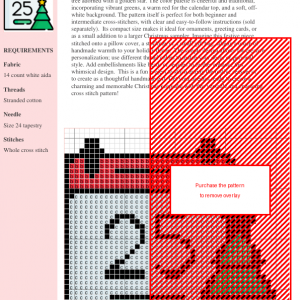 Cross stitch pattern of a calendar showing December 25th with a Christmas tree.