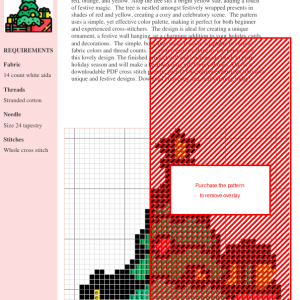 Cross stitch pattern of a Christmas tree adorned with ornaments and surrounded by presents.