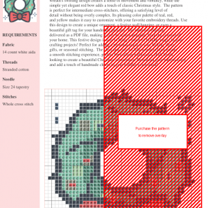 Cross stitch pattern of a festive Christmas wreath adorned with a red bow.