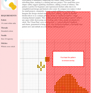 Cross stitch pattern depicting a clean plate and sponge, minimalist design with yellow and blue accents.