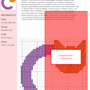 Cross stitch pattern featuring a stylized orange cat's face and a purple tail forming the letter 'C'.