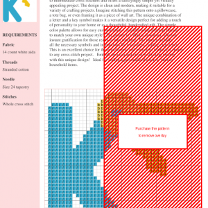 Cross stitch pattern featuring a stylized letter K with a key design element.