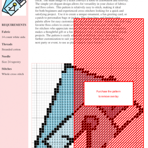 Cross stitch pattern of a stylized party ticket with a light blue background and yellow circle accent.