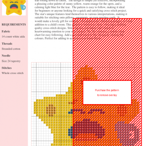 Cross stitch pattern of a yellow star with a crying face, featuring orange spots and a single blue tear.