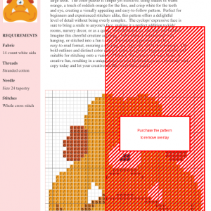 Cross stitch pattern featuring a cute, orange cyclops monster with large teeth and small red fins.