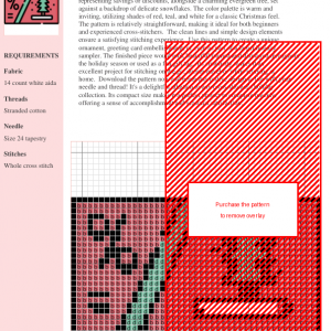 Cross stitch pattern of a holiday voucher featuring a Christmas tree, percentage symbol, and snowflakes.