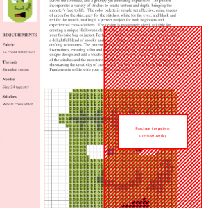Cross-stitch pattern of a cartoon Frankenstein's monster face, showcasing green skin, stitches, and a grumpy expression.