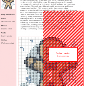 Cross stitch pattern of a cheerful gingerbread man wearing a bow tie, surrounded by snowflake and sparkle accents.