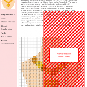 Image of a cross stitch pattern depicting a golden heart necklace on a mannequin.