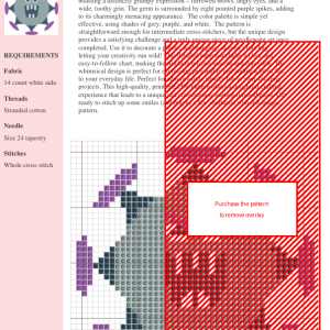 Cross stitch pattern of a grumpy, grey germ with purple spikes and a toothy grin.