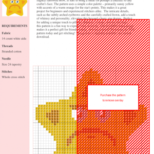 Cross stitch pattern of a grumpy yellow star with a frowning face.