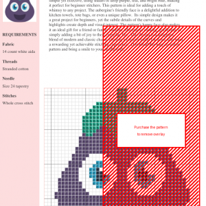 Cross stitch pattern of a cheerful aubergine with teal cap and big blue eyes.