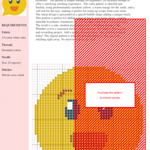 Cross stitch pattern of a cheerful yellow emoji face with a wide smile, large eyes, and slightly arched eyebrows.