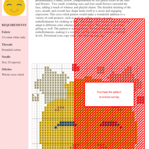 Cross stitch pattern of a happy yellow face with stars and flowers.