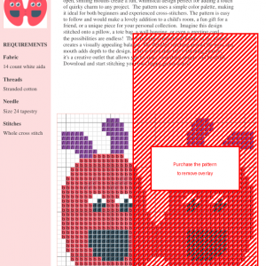 Cross stitch pattern of two smiling, cartoon germs in red and purple.
