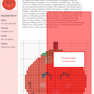 Cross stitch pattern of a cheerful tomato with a smiling face, green stem, and red body.