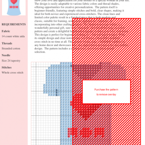 Cross stitch pattern depicting a light blue t-shirt with a red heart and 'MOM' in coral lettering.