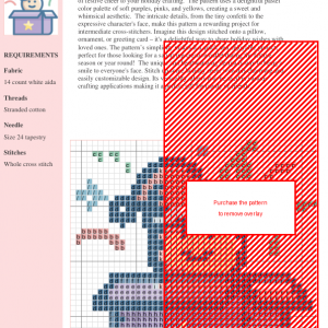 Cross stitch pattern featuring a smiling character in a Santa hat popping out of a gift box, surrounded by confetti.