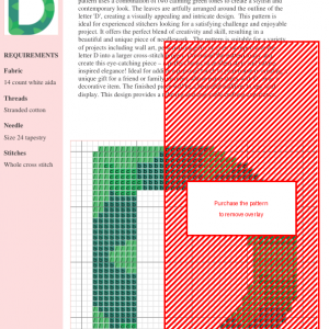 Cross-stitch pattern depicting the letter D adorned with a leafy green design.