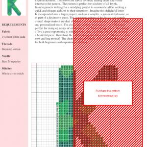 Cross stitch pattern of the letter K, decorated with a repeating leaf design in shades of green.