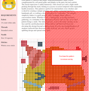 Cross stitch pattern of a cute yellow face wearing a mask and a party hat.