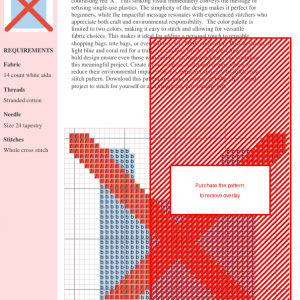 Cross stitch pattern design depicting a light blue plastic bag symbol crossed out with a red 'X'.