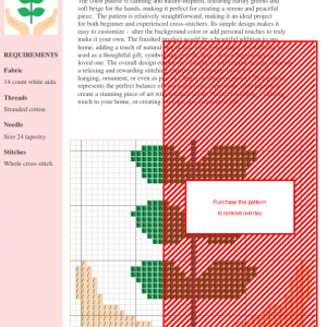 Cross stitch pattern featuring a stylized plant sprout cradled in two hands, symbolizing growth and care.
