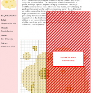 Cross stitch pattern featuring a whimsical cloud design in pastel yellow and gold.
