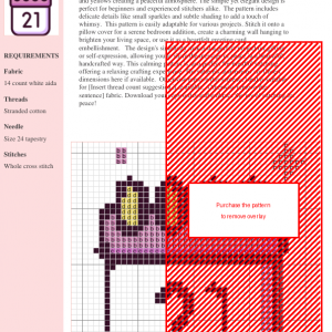 Image of a cross-stitch pattern depicting a calendar with the number 21, representing International Peace Day. The design is in soft purple and yellow.