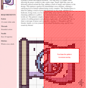 Cross stitch pattern of a peace flag with a purple and light blue peace symbol.