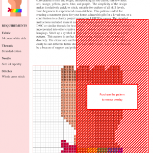 Cross stitch pattern of a fist wearing a rainbow bracelet, symbolizing LGBTQ+ pride.