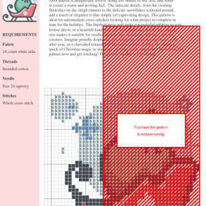 Cross stitch pattern of Santa's sleigh carrying a gift bag, surrounded by snowflakes.