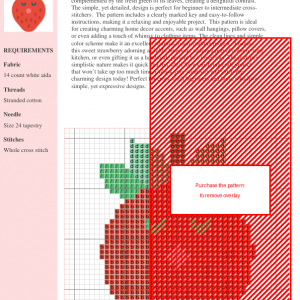 Cross stitch pattern of a cute, cartoon strawberry with a sleepy face, featuring red, green, and pink colors.