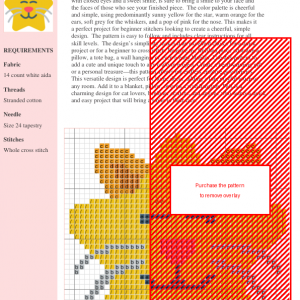 Cross stitch pattern of a cute cat-shaped star with orange ears, grey whiskers, and a pink nose.
