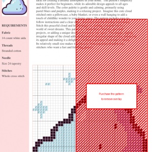 Cross stitch pattern of a cute, light blue cloud with small stars, perfect for beginners.