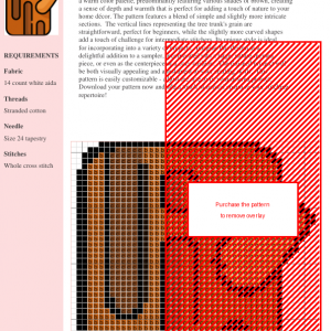 Cross stitch pattern of a stylized tree trunk in warm brown tones.