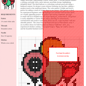 Cross stitch pattern featuring three colorful balloons with snowflake designs.