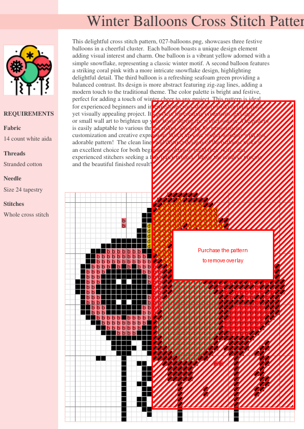 Cross stitch pattern featuring three colorful balloons with snowflake designs.