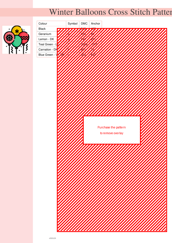 Cross stitch pattern featuring three colorful balloons with snowflake designs.