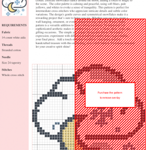 Cross stitch pattern depicting a night scene with a crescent moon, snowflakes, and clouds.
