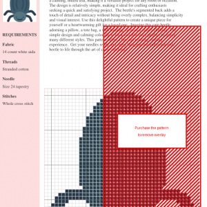 Cross stitch pattern of a cute, stylized beetle with a smiling face and segmented body.