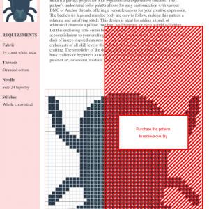 Cross stitch pattern of a cute, cartoonish beetle in shades of blue-grey.