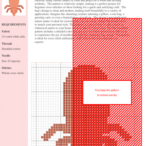 Cross stitch pattern of a cute, cartoonish bug in coral and peach tones.