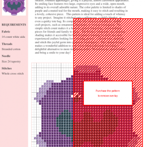 Cross stitch pattern of a cute purple germ with a smiling face and rounded appendages.
