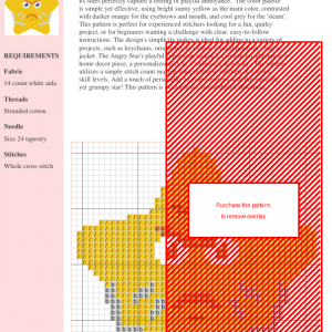 Cross stitch pattern of an angry yellow star with furrowed brows and steam coming from its sides.